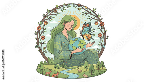 Vibrant illustration of a serene woman with flowing green hair cradling the planet Earth in her hands, a colorful butterfly perched on the globe, symbolizing nature's interconnectedness and