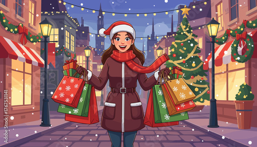 Joyful woman in Santa hat and scarf, carrying numerous Christmas shopping bags filled with gifts, walking down a festive, snow-covered street lined with illuminated shops and decorated trees
