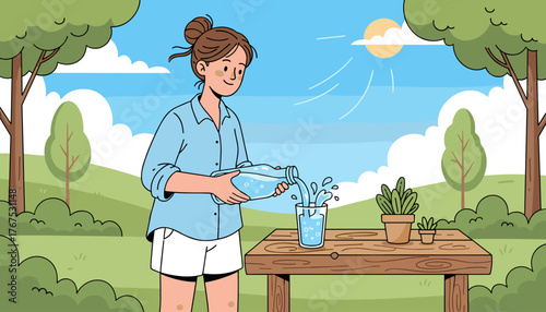 A cheerful woman with her hair in a bun, wearing a blue shirt and white shorts, pours refreshing water from a glass bottle into a clear glass on a wooden table outdoors on a sunny day, surrounded by
