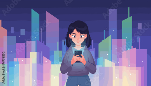 Young woman engrossed in her smartphone, illuminated by its glow against a vibrant, abstract cityscape at night, with colorful, translucent buildings and subtle sparkling lights creating a modern