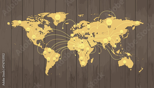 Global network of bright ideas represented by illuminated light bulbs connected by lines across a world map, set against a rustic wooden background, symbolizing innovation and worldwide connection.