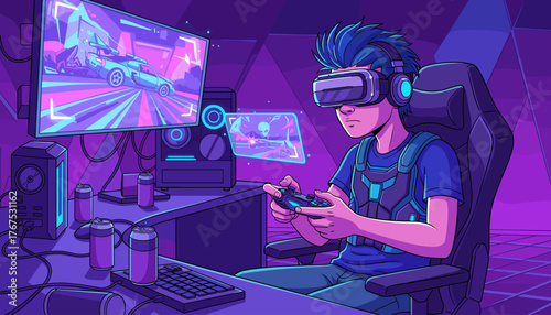 Vibrant illustration of a young gamer deeply immersed in virtual reality gaming, wearing a VR headset and holding a controller, surrounded by futuristic technology and neon purple lighting