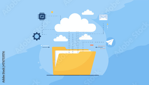 Vibrant yellow document storage folder vector illustration, symbolizing cloud data storage, digital information transfer, and network connectivity with icons for technology, email, and paper