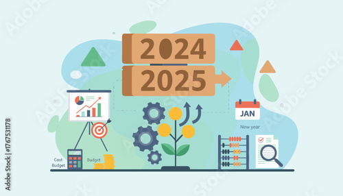 Conceptual illustration of business growth and financial planning for 2025, featuring wooden blocks with years 2024 and 2025, a growth chart, gears, a money tree, calculator, abacus, and calendar