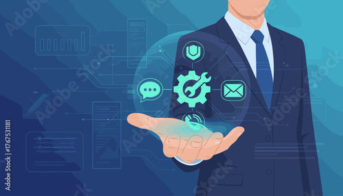 Conceptual illustration of technical support and customer service, with a businessman's hand presenting a glowing gear icon symbolizing operations, alongside communication, security, and contact