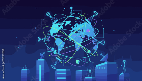 Vibrant abstract illustration of a global telecommunication network connecting cities and continents with orbiting satellites and digital data streams, symbolizing worldwide connectivity and