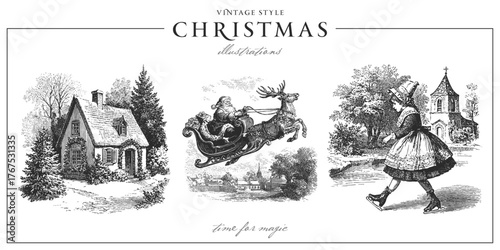 Set of traditional European Christmas scenes. Vintage engraving or ink drawing style vector illustration.