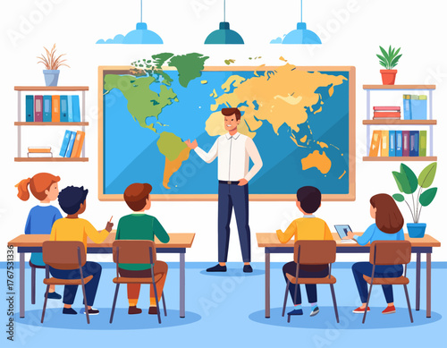 High school geography lesson flat color vector illustration. Teaching-learning process. Teacher with students. Fully editable 2D simple cartoon characters with school environment on background
