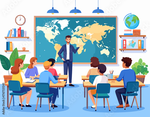 High school geography lesson flat color vector illustration. Teaching-learning process. Teacher with students. Fully editable 2D simple cartoon characters with school environment on background
