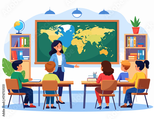 High school geography lesson flat color vector illustration. Teaching-learning process. Teacher with students. Fully editable 2D simple cartoon characters with school environment on background
