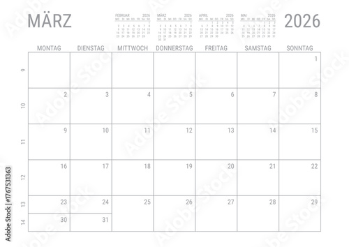 Monat Kalender März 2026 Monatskalender Kalenderblatt Kalendarium mit Kalenderwoche Planer DIN A4 Deutsch	