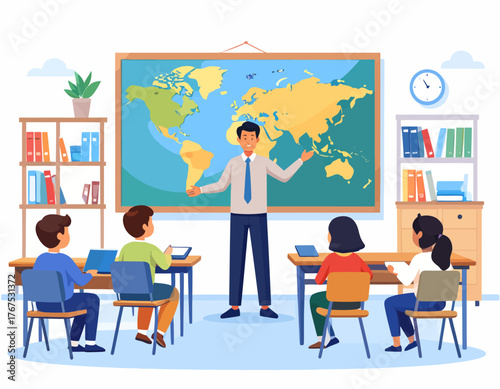 High school geography lesson flat color vector illustration. Teaching-learning process. Teacher with students. Fully editable 2D simple cartoon characters with school environment on background
