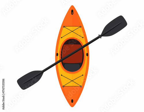 Kayak flat vector illustration. Extreme sports. Equipment for kayaking, canoeing. Active lifestyle. Outdoor activities. Water transport. Boat with paddle isolated cartoon clipart on white background
