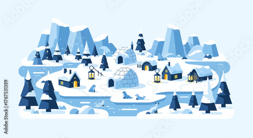 Cozy Arctic Village Scene with Igloos and Snowy Houses.