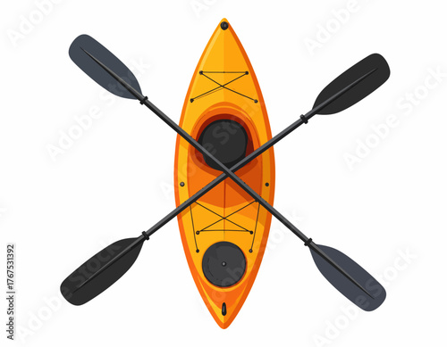 Kayak flat vector illustration. Extreme sports. Equipment for kayaking, canoeing. Active lifestyle. Outdoor activities. Water transport. Boat with paddle isolated cartoon clipart on white background
