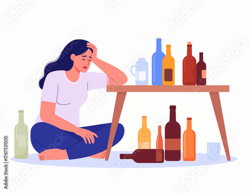 Alcoholism problem 2D vector isolated illustration. Unhealthy lifestyle. Person with substance abuse issue. Alcoholic woman flat characters on cartoon background. Bad habit colourful scene

