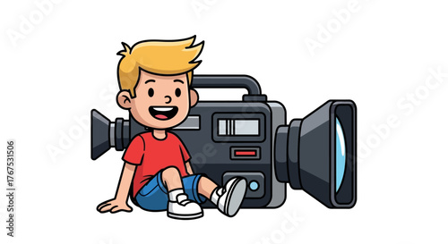 Animated boy enjoying his passion for filmmaking with a professional camera model