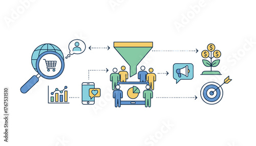 Concept of market research for business and social media engagement, illustrating customer acquisition funnel, data analysis, growth, and target achievement with icons like magnifying glass, shopping