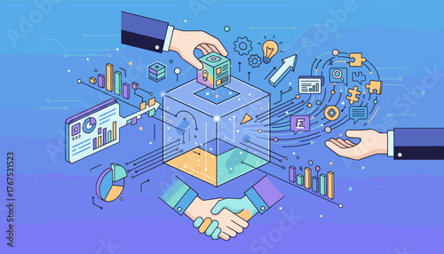 Conceptual illustration of data integration and consolidation, symbolizing business growth and collaboration through abstract elements like charts, puzzles, and hands shaking, set against a