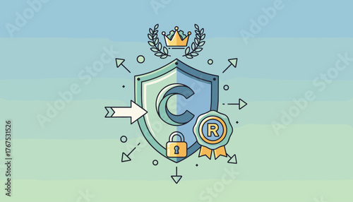 Abstract concept of copyright protection and intellectual property registration, symbolized by a shield with a 'C' and a lock, a crown, a trademark symbol 'R' medal, and directional arrows indicating