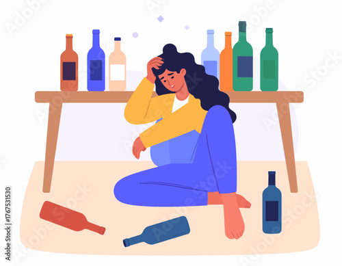 Alcoholism problem 2D vector isolated illustration. Unhealthy lifestyle. Person with substance abuse issue. Alcoholic woman flat characters on cartoon background. Bad habit colourful scene
