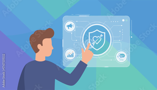 Modern flat illustration of a person interacting with a digital interface displaying customer relationship management concepts, including a shield with a heart and arrow, analytics graph, megaphone