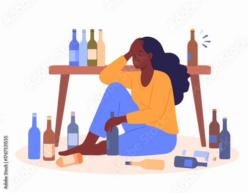 Alcoholism problem 2D vector isolated illustration. Unhealthy lifestyle. Person with substance abuse issue. Alcoholic woman flat characters on cartoon background. Bad habit colourful scene
