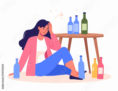 Alcoholism problem 2D vector isolated illustration. Unhealthy lifestyle. Person with substance abuse issue. Alcoholic woman flat characters on cartoon background. Bad habit colourful scene
