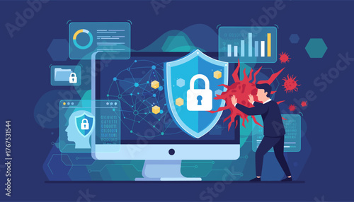Cybersecurity and privacy concepts to protect data, a businessman defends a computer screen with a shield and lock icon from a virus attack, illustrating digital security and threat prevention in a