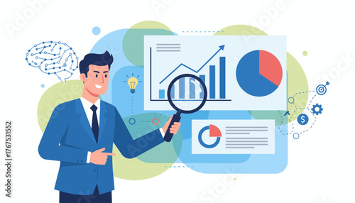 Dynamic data analysis concept with a businessman examining charts and reports using a magnifying glass, symbolizing financial research, strategic planning, and business intelligence, illustrated with