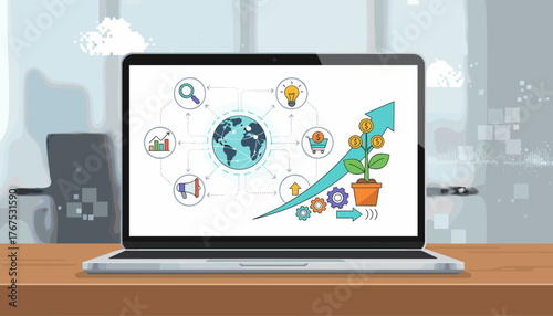 Digital marketing strategy presentation on a laptop screen, showcasing global connectivity, growth charts, a money plant, lightbulb idea, shopping cart, megaphone, and gears, symbolizing business