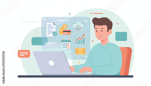 Modern digital illustration depicting a focused young man working on a laptop, surrounded by icons representing business, finance, and online communication, including invoices, credit cards, coins