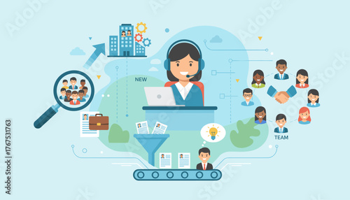 Human resource management concept, HR recruitment process, finding new employees, team building, and talent acquisition with a magnifying glass, resume funnel, and handshake illustration on a light