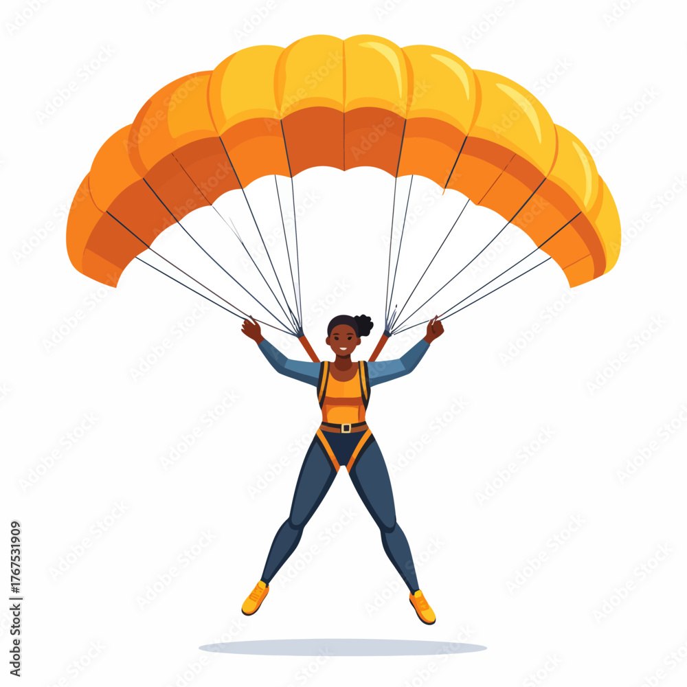 Obraz premium Parachuting flat vector illustration. Skydiving, paragliding experience. Extreme sports. Active lifestyle. Outdoor activities. Sportsman with parachute isolated cartoon character on white background