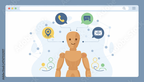 Conceptual illustration of a wooden mannequin representing a business or service, surrounded by icons for communication and contact methods like phone, email, chat, and location, all connected by a
