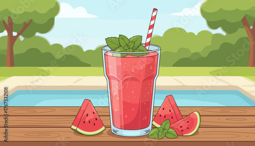 Refreshing watermelon smoothie with fresh mint leaves and slices of watermelon, garnished with mint, served on a wooden table next to a swimming pool on a sunny day, perfect for summer refreshment