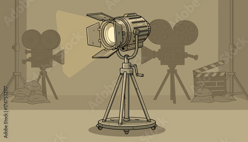 Vintage movie spotlight on a tripod stand, illuminating the scene with a bright beam, surrounded by classic film cameras and a clapperboard, evoking a retro cinema production atmosphere, cartoon