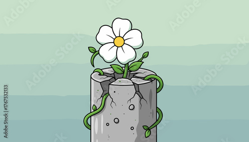Symbolic illustration of resilience and hope: a delicate white flower with green leaves and vines emerges and blooms triumphantly from a cracked, broken concrete pillar, representing nature's