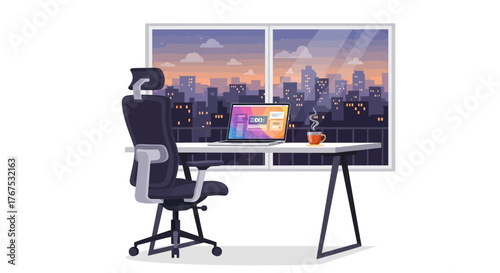 An office chair sits beside a desk with a laptop and coffee cup in front of a large window showing a city view at sunset in a remote work home office setting.