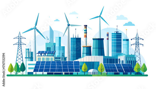 Eco friendly power plant flat color vector illustration. Alternative energy factory 2D cartoon landscape with wind turbines and solar panels on background. Environmentally safe electricity source
