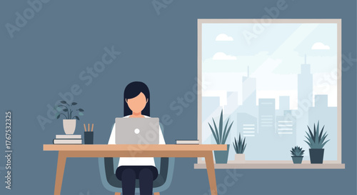 A woman works on her laptop at a wooden desk in a home office with a city view window and plants, with a cup of coffee nearby.