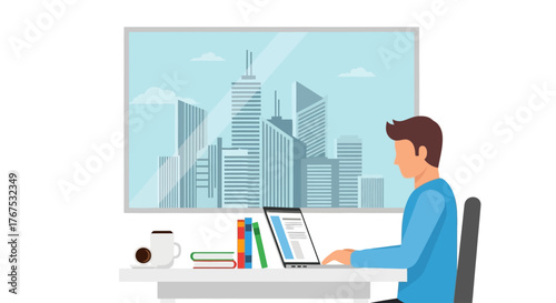 Man working on laptop at table with coffee and books in home office with city view window.