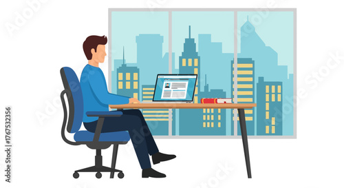 A man sits at a table in a home office with a city view window, working on a laptop and drinking coffee.