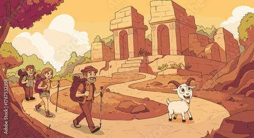 Happy hikers with backpacks on a journey through a rocky landscape, approaching ancient stone ruins greeted by a charming goat
