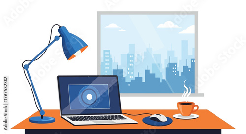 A well-lit home office workspace with a laptop on a wooden desk, accompanied by a lamp, coffee cup, and city view window in the background.