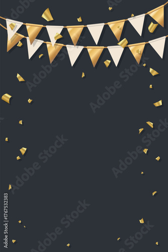 3D gold and white hanging flag garlands with confetti on black vertical background have blank space.