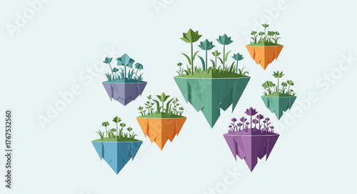 Floating islands with vibrant flowers and lush greenery in a whimsical scene.