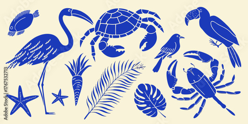 Collection of blue tropical sea creatures and plants on a cream background