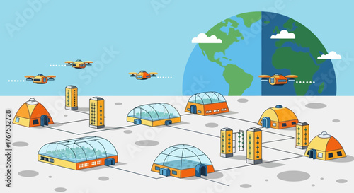 Futuristic Moon Colony with Connected Domes and Buildings.