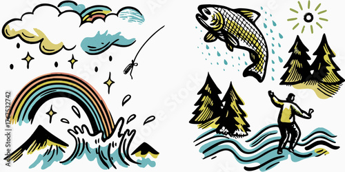Whimsical illustration of a fisherman catching a jumping trout under a rainbow and clouds with a sunny sky and pine trees